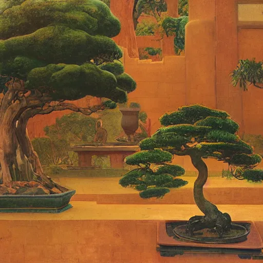 Image similar to Old African gardener cutting bonsai trees, isyllic Garden, by Annie Swynnerton and Nicholas Roerich and jean delville, glowing paper lanterns, strong dramatic cinematic lighting , ornate tiled architecture, lost civilizations, smooth, sharp focus, extremely detailed