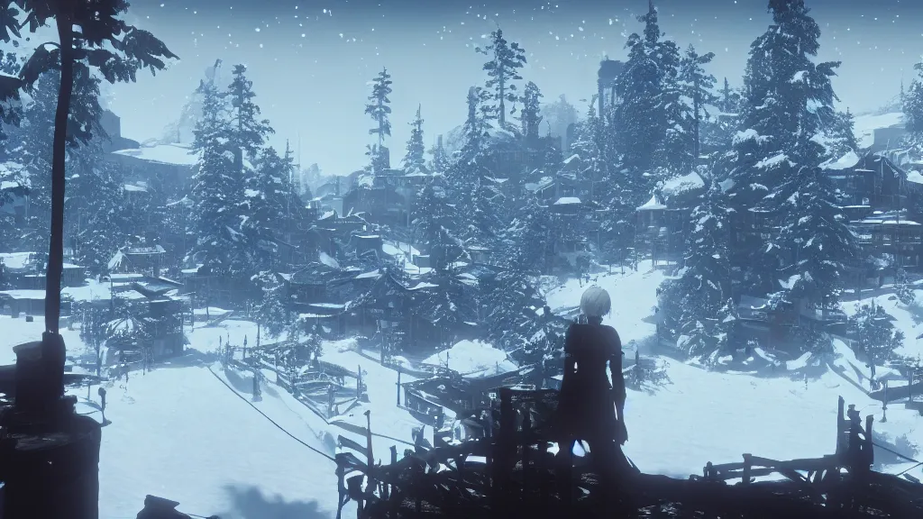 Image similar to Screenshot from Nier Automata, beautiful landscape at a ski resort