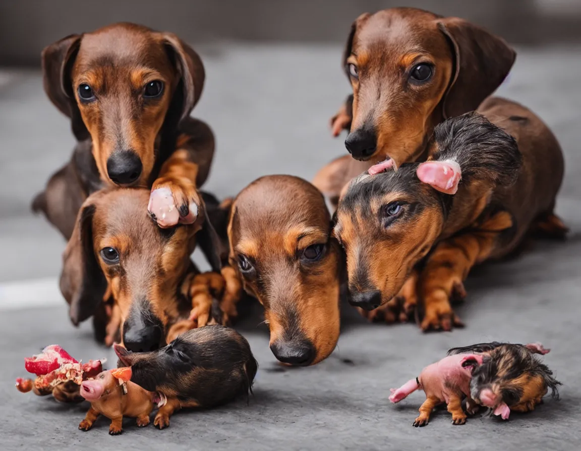 Prompt: dachshund eating a mini pig, photography