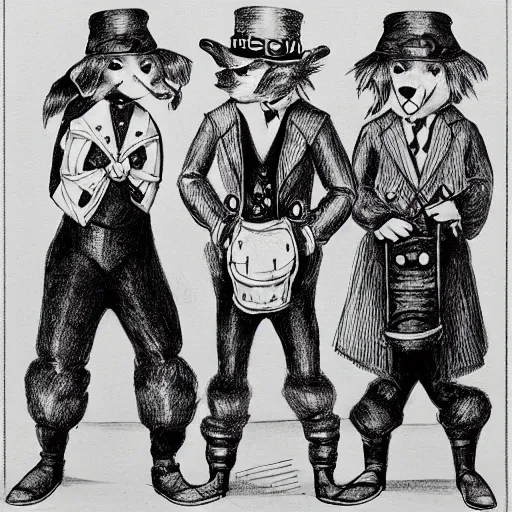 Prompt: black and white vintage drawing of a ragtag team of three dogs dressed as mischievous thieves in a dark steampunk setting