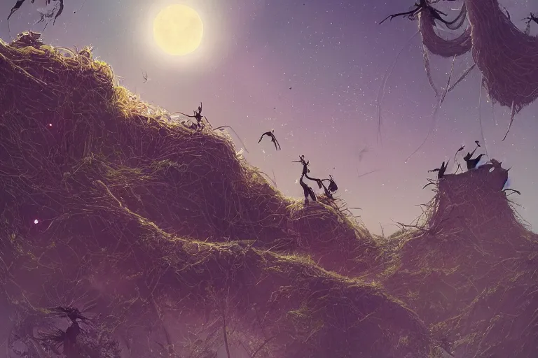 Prompt: View from afar of nest with many gigantic spiders, style by Andrews Esao and Schaller Thomas W, A sky full of stars by Rossier Jessica, Trending on artstation, oasis color scheme, Trending on artstation, alien valley planet, style by Rossier Jessica, Trending on artstation