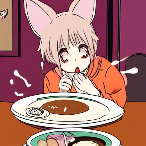 Prompt: anime catgirl eating ramen protecting her bowl claws out hissing