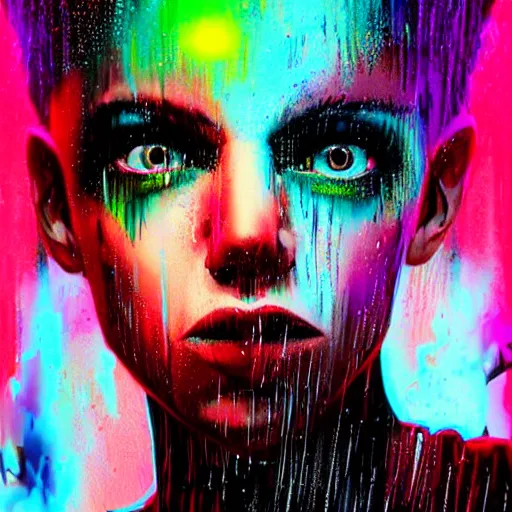 Image similar to splashes of neon, mowhawk, punk portrait made out of paint with rain in the background, trending on artstation, epic composition, emotional, beautiful, rendered in octane, highly detailed, realistic, tim burton comic book art, sharp focus, matte painting, unreal engine