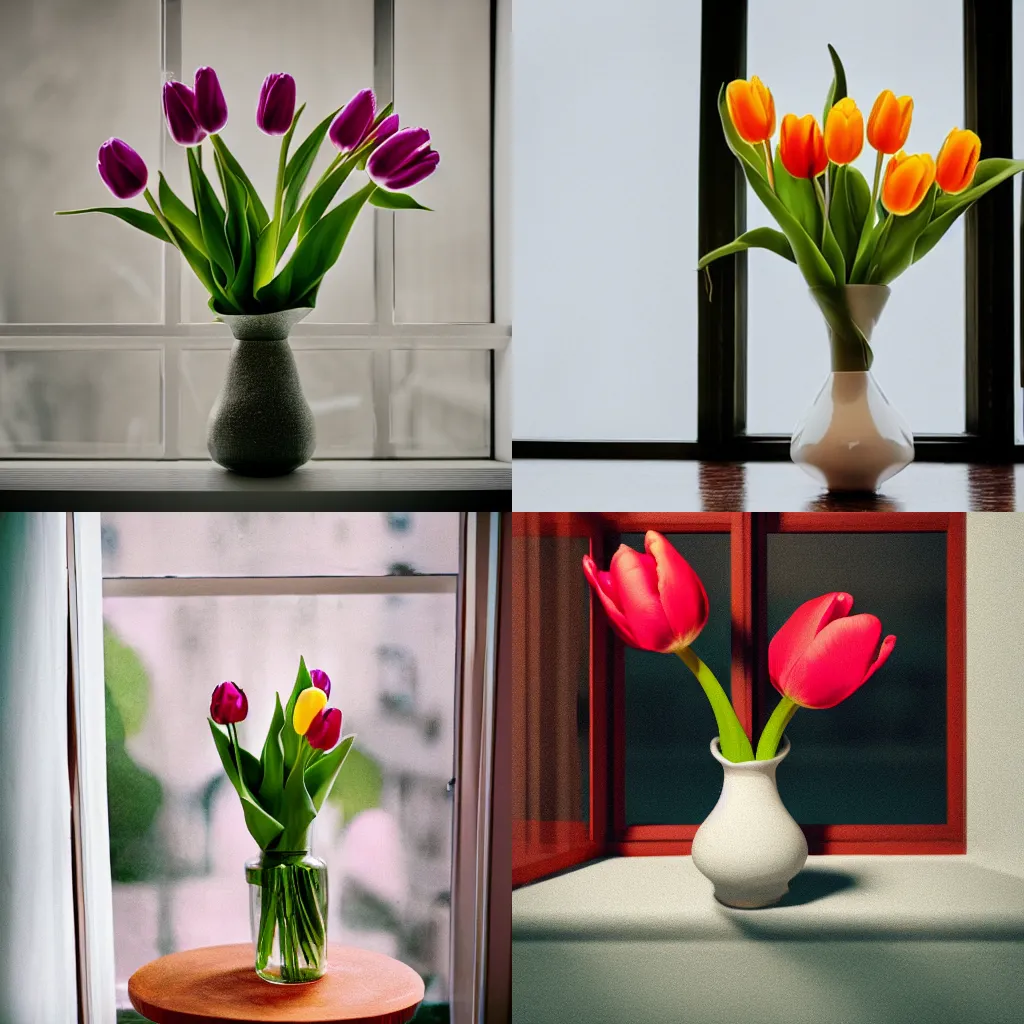 Prompt: a tulip in a vase, near a window, studio photoshoot, realistic, vintage