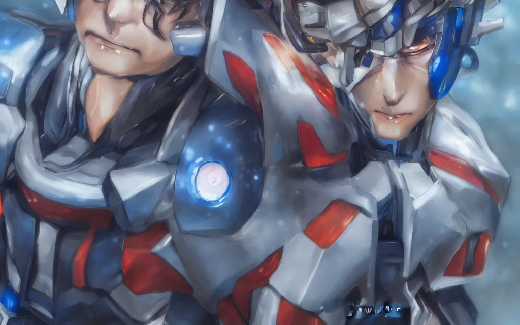 Prompt: A realistic anime portrait of a man in a Gundam suit with glowing blue eyes, digital painting, by Stanley Artgerm Lau, Sakimichan, WLOP and Rossdraws, digtial painting, trending on ArtStation, SFW version