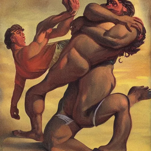 Image similar to Samson wrestling the lion with his bare hands, pulp science fiction illustration