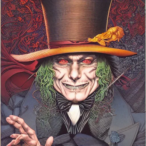 Image similar to portrait of the mad hatter, symmetrical, by yoichi hatakenaka, masamune shirow, josan gonzales and dan mumford, ayami kojima, takato yamamoto, barclay shaw, karol bak, yukito kishiro, beksinski