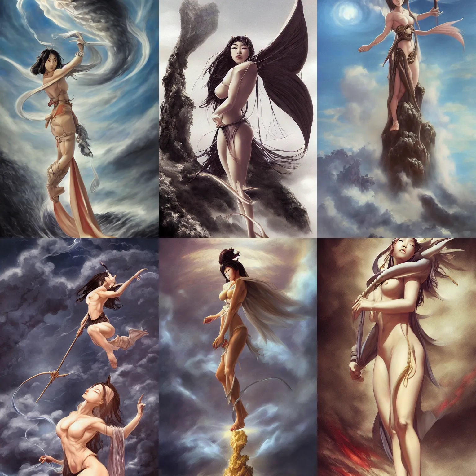 Prompt: !dream a beautiful Japanese female wizard standing on a cloud, style of Boris Vallejo and Frank Frazetta, hyper realistic, very detailed, fantasy art, matte painting, trending on artstation and deviantart