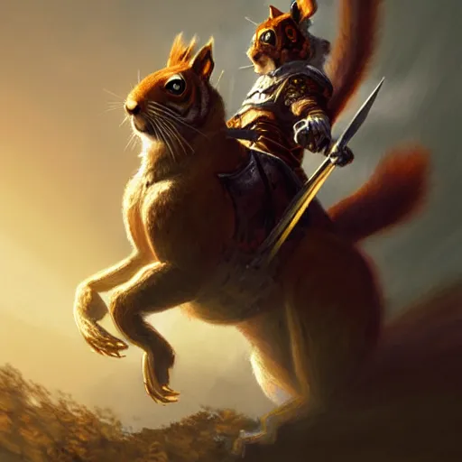 Image similar to Squirrel knight riding tiger, magic the gathering artwork, D&D, fantasy, cinematic lighting, centered, symmetrical, highly detailed, digital painting, artstation, concept art, smooth, sharp focus, illustration, volumetric lighting, epic Composition, 8k, art by Akihiko Yoshida and Greg Rutkowski and Craig Mullins, oil painting, cgsociety