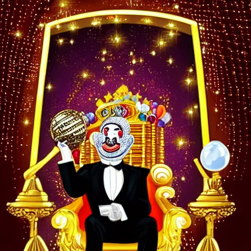 Prompt: cartoon of a shining majestic throne made of millions of diamonds, gold and zaphires with thousands of light reflections, and a clown on a tuxedo suit is sitting on the throne while handing a golden globe, dramatic light