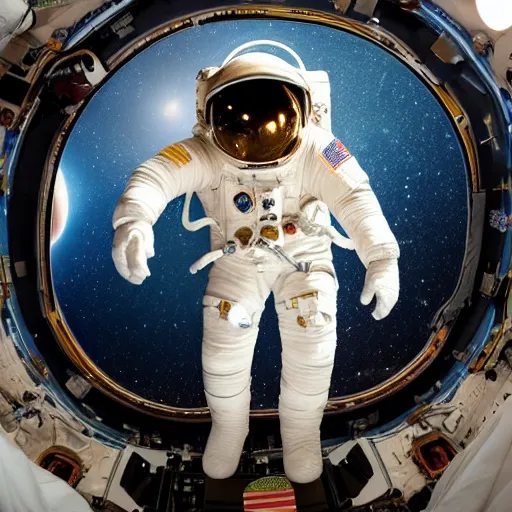 Image similar to photograph of an astronaut in space, singular light source from below, earth only visible below, full body photo, amazing light and shadow contrast, 8 k