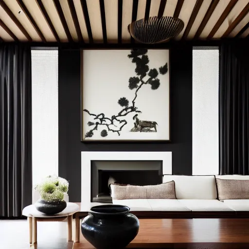 Image similar to lounge and dining room, stone, interior design, stylish luxury hotel living room design, yakisugi, black vertical slatted timber, textures, feminine, black walls, art, Japanese pottery vase with flowers, kakejiku, seasonal, Japanese influences