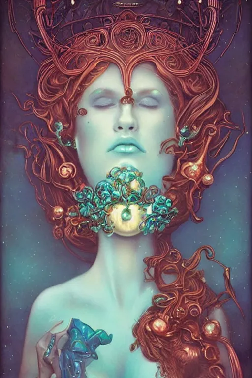 Prompt: Copper Crown with iridescent pearls and cyan jewels, other worldly, art nouveau, by Anato Finnstark, Tom Bagshaw, Brom