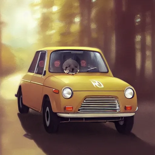 Prompt: a bunny driving a renault r 4, elegant, highly detailed, digital painting, artstation, concept art, matte, sharp focus, highly detailed, 4 k, hdr, smooth, sharp focus, high resolution, award - winning photo, photorealistic, art by artgerm and greg rutkowski and alphonse mucha, large shot