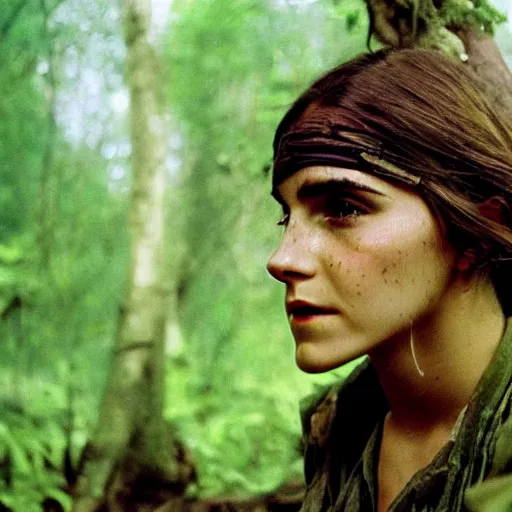 Prompt: film still, close up, portrait, emma watson soldier hiking through dense vietnam jungle, film still from apocalypse now ( 1 9 7 9 ), 2 6 mm, kodak ektachrome, blue tint ektachrome film,