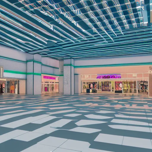 Image similar to vaporwave 9 0 s dreamy empty shopping mall, highly detailed, 3 d render, vray, octane, realistic lighting, photorealistic