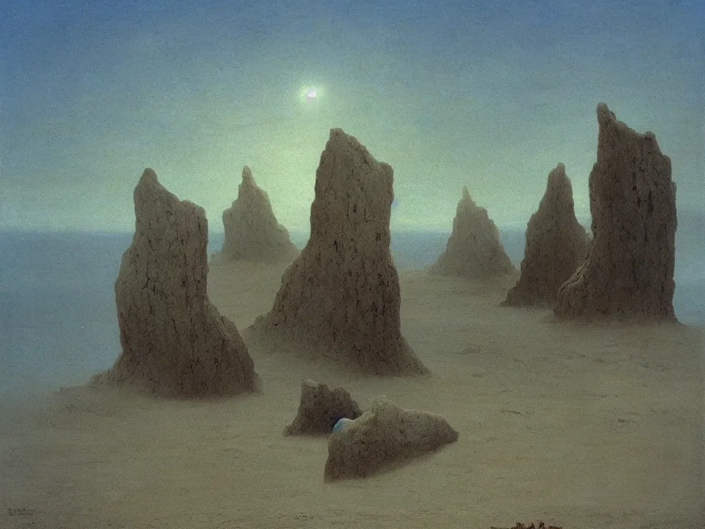 Prompt: Giant crystal rocks at the edge of a sandy beach. Desolate, looming, trenchant, abyss. Painting by Caspar David Friedrich, Beksinski