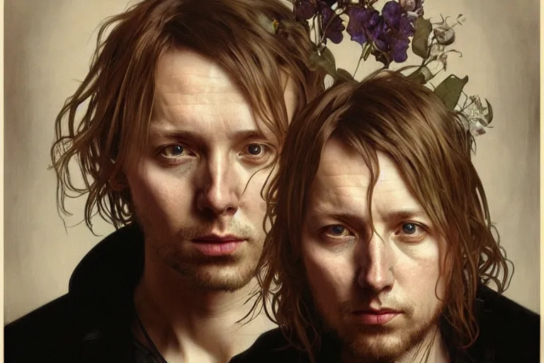 Image similar to hyper realistic portrait of british band singer songwriter, yorke, by lee bermejo, alphonse mucha and greg rutkowski