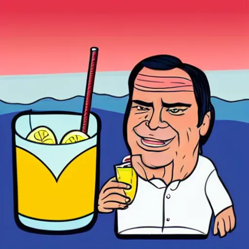 Prompt: cartoon drawing of Brazilian politicians Lula and Bolsonaro together drinking a lemon drink caipirinha with the Corcovado on the background, cute