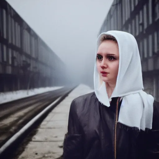 Image similar to woman with white hait in an industrial soviet city, air pollution, fog, dslr 5 0 mm portrait photo