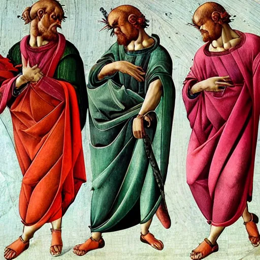 Image similar to ancient greek philosophers wearing gucci colorful intense intricate textile chiton himation cloak tunic detailed streetwear cyberpunk modern fashion michelangelo sandro botticelli
