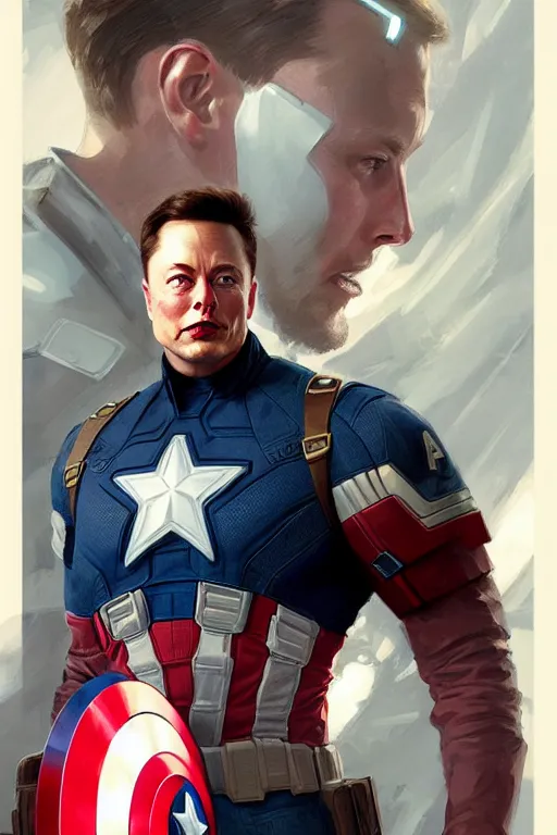 Image similar to elon musk as captain america, portrait, highly detailed, digital painting, artstation, concept art, smooth, sharp focus, illustration, cinematic lighting, art by artgerm and greg rutkowski and alphonse mucha