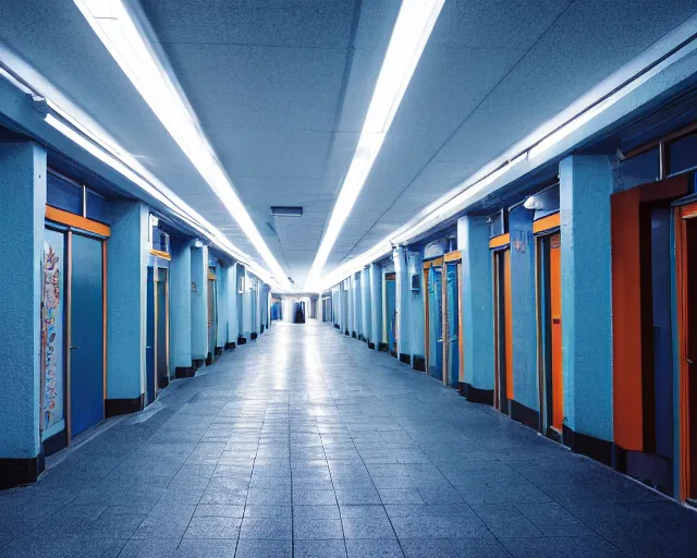 Prompt: a school corridor at night, night time, after hours, low light, blue, color