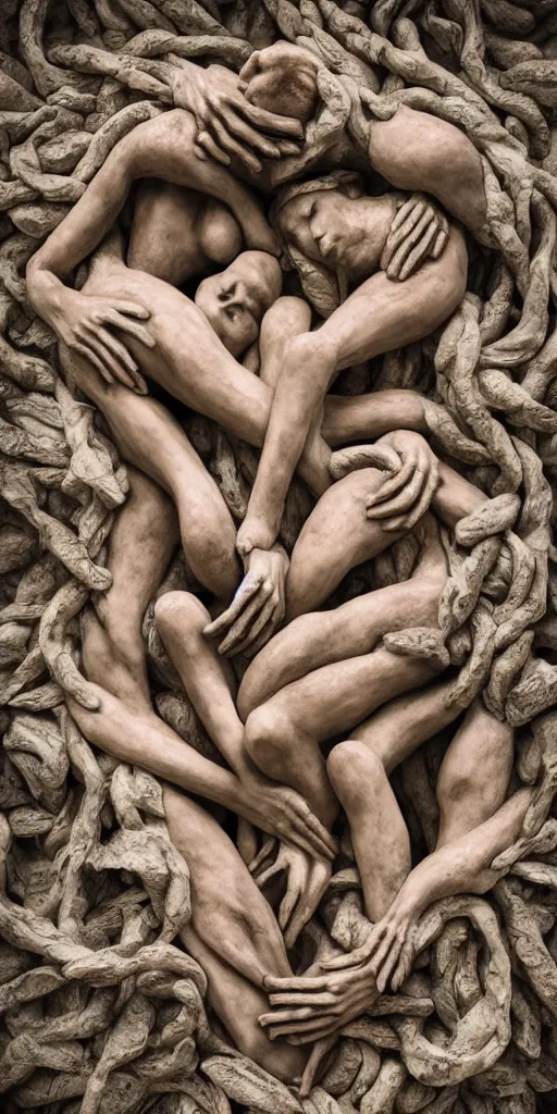 Prompt: closeup photograph of a surrealist sculpture human bodies intertwined, a lovely cornucopia of flowers and human body parts, body parts, made of stone, earth tone colors, muted color palette, skin tones, highly detailed, octane render, cinematic