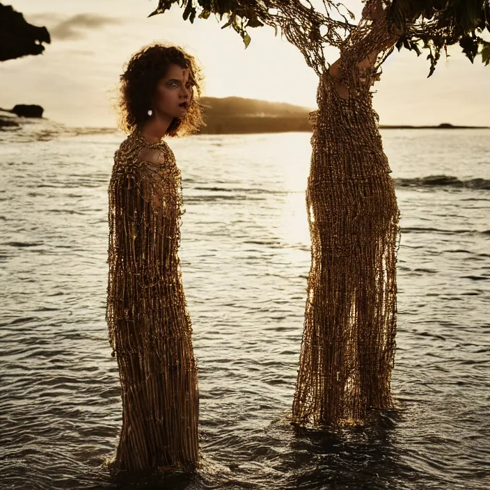 Prompt: a woman with a dress made of ivy chains standing next to water, golden hour, vogue magazine