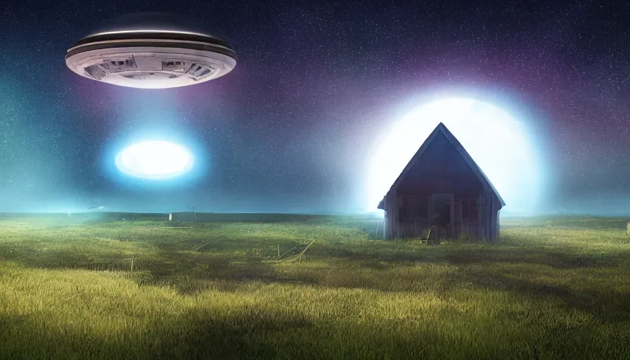 Prompt: a ufo floats over a broken barn, debris floats upwards, volumetric lighting, night, photorealistic rendering, color palette, 8 k, hyperdetailed