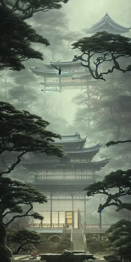 Image similar to japanese style palace under attack, hyper realistic, lush gnarly plants, 8 k, denoised, by greg rutkowski, tom bagshaw, james gurney cozy atmospheric and cinematic lightingg