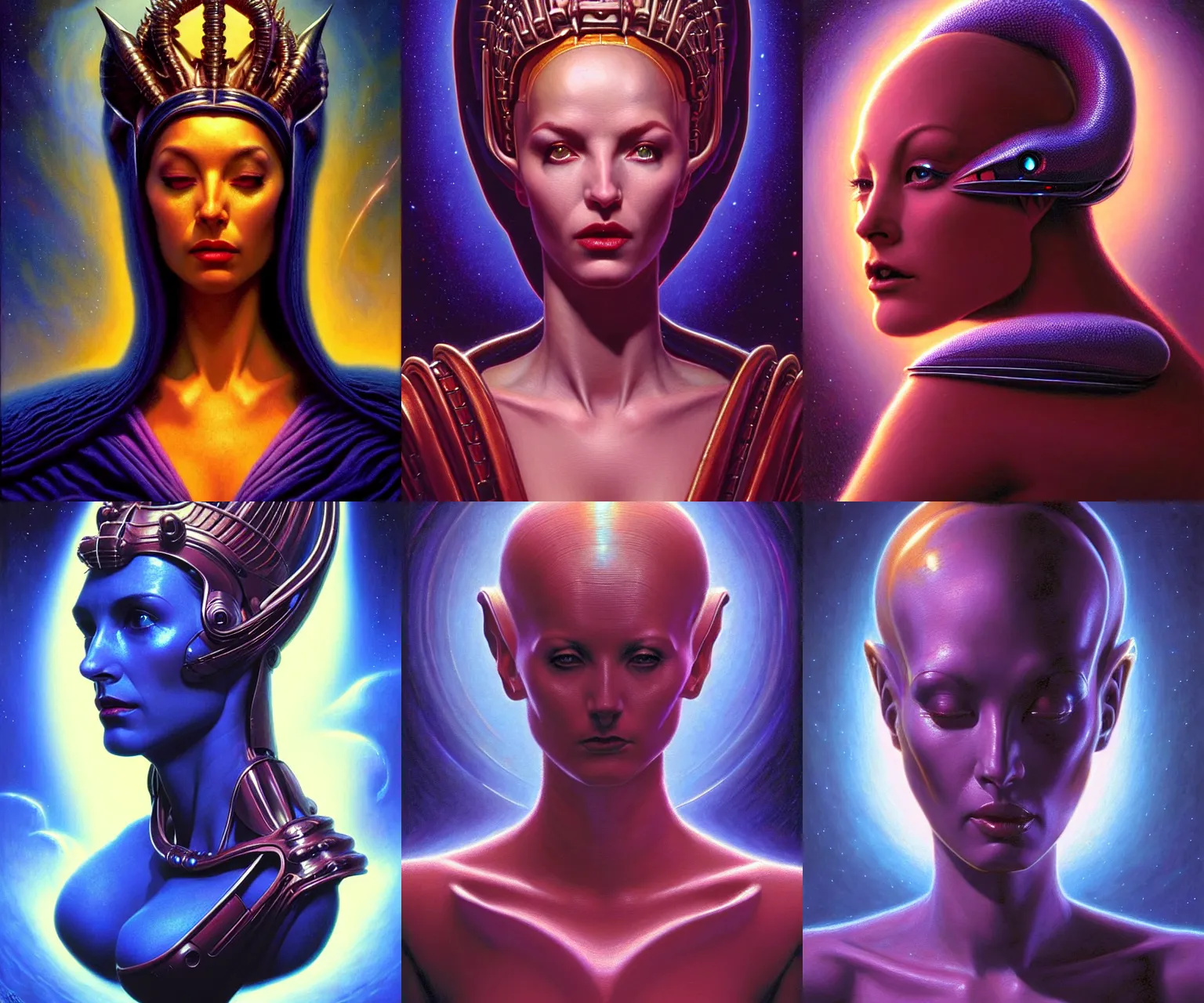 Prompt: cinematic bust portrait of elegant female extraterrestial queen, head and chest only, exotic alien features, Tim Hildebrandt, Wayne Barlowe, Bruce Pennington, donato giancola, thomas kinkade, oil on canvas, masterpiece, trending on artstation, featured on pixiv, cinematic composition, dramatic pose, beautiful lighting, sharp, details, hyper-detailed, HD, HDR, 4K, 8K