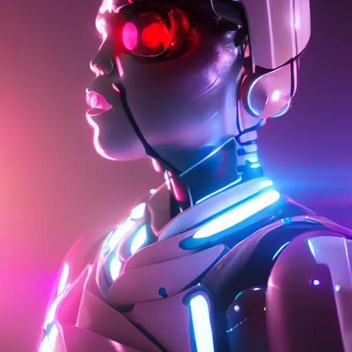 Prompt: japanese model cyborg with digital led skin, neon lighting, techno neon projector background, portrait photo, unreal engine 5, depth of field, bokeh, octane render