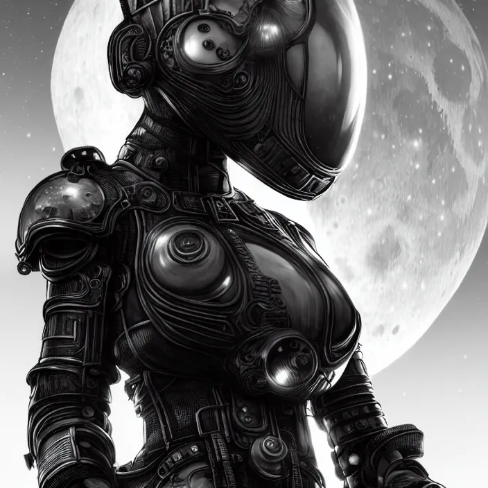 Image similar to a vertical portrait of a character in an spaceship, moon behind, by nihei tsutomu, black and white, dreamy, steampunk bioarmor, highly detailed, 3 d render, vray, octane, realistic lighting