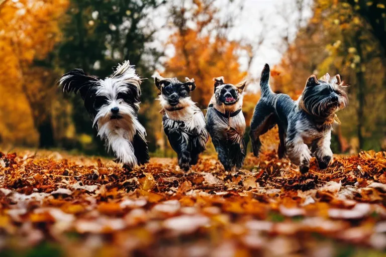 Image similar to dogs running through autumn leaves with motion blur towards the camera