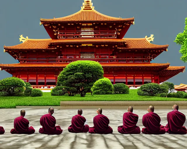 Image similar to a hyperrealistic scenery of 6 monks meditating in front of pagoda temple, digital art, extreme wide shot