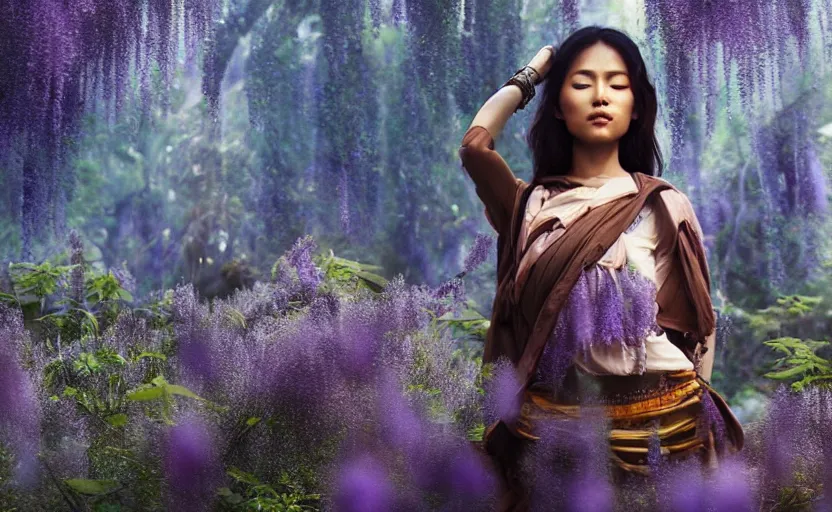 Prompt: beautiful Himalayan woman, sci-fi tibetan fashion, brown hair, somber, scene of a summer forest with glowing blue wisteria, dramatic light, wide angle, dramatic pose, dramatic angle , 8k hdr pixiv by Makoto Shinkai and Wojtek Fus