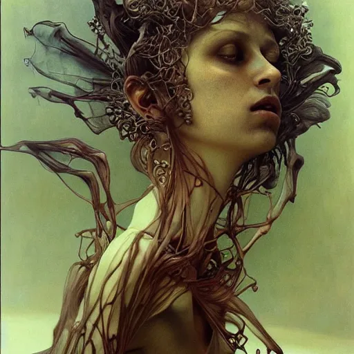 Image similar to by zdzisław beksinski, iris van herpen, raymond swanland and alphonse mucha. highly detailed, hyper - real, beautiful