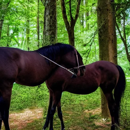 Image similar to two dead horses blocking the path in the woods. each horse has several black - feathered arrows sticking out of it. photo, 4 k