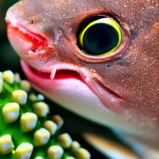 Prompt: close up of a fish eating a cactus, 33mm, 4k, award winning photo