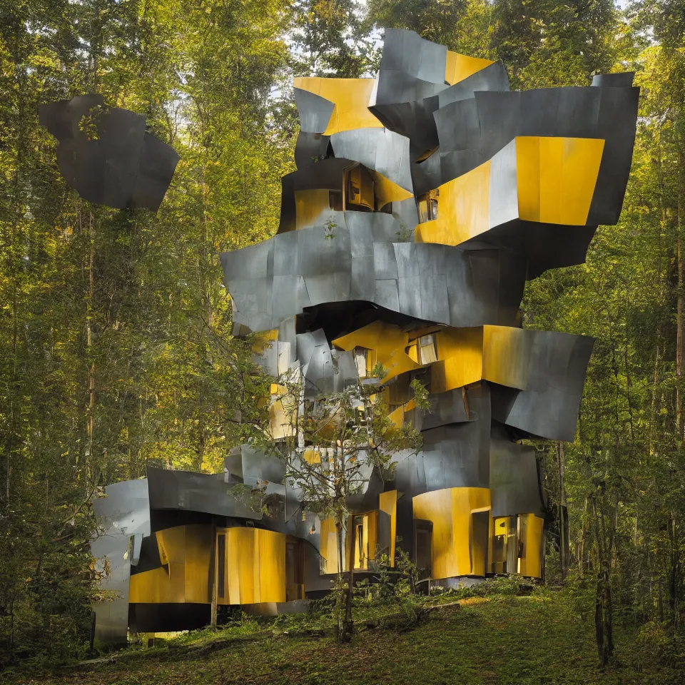 Prompt: architecture ad for a simple house in the forest, designed by Frank Gehry. Big Tiles. Film grain, cinematic, yellow hue