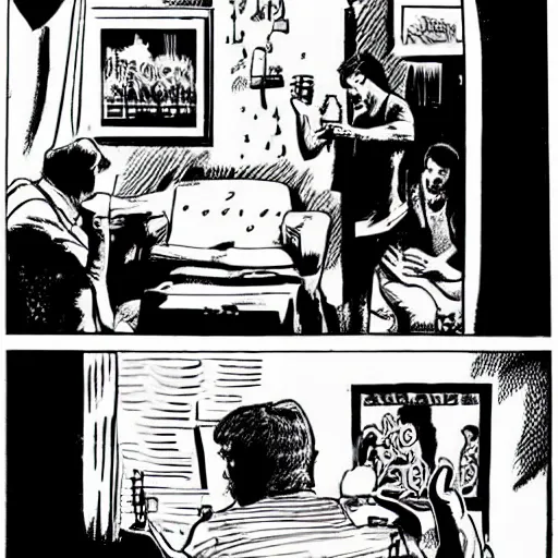 Prompt: a guy sitting on the sofa drinking many beers, Stray Bullets comic