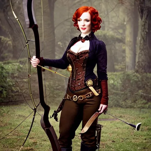 Prompt: full body photo of christina hendricks as a steampunk archer