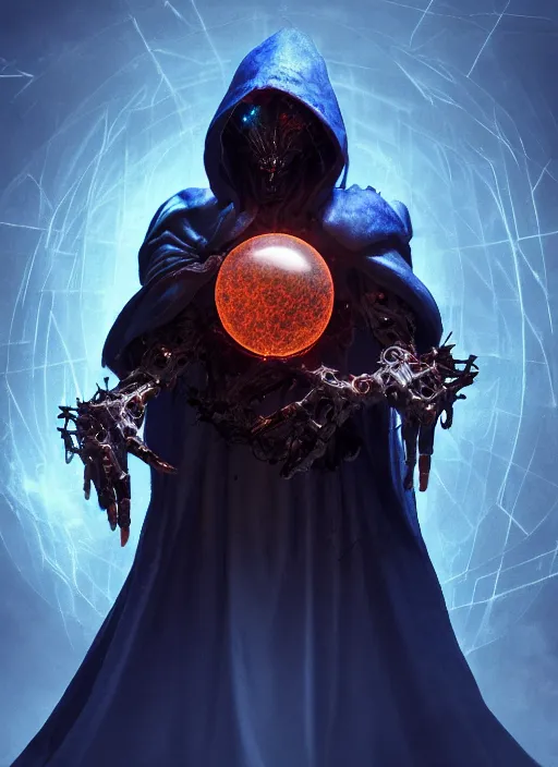 Prompt: character and environment design, ( ( biomechanical ) ) archanist holding a perfect round otherworldly dreamy sphere, tattered!!! robe and hood, blue light, fog, scary, arrogant, hostile, photorealistic, cinematic, hyper realistic, octane render, 8 k, wide angle