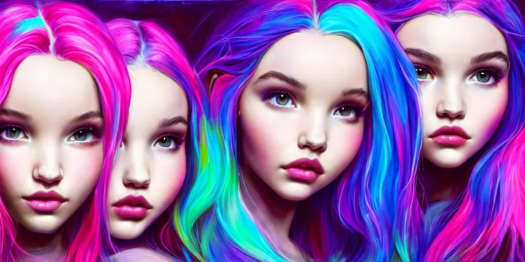 Image similar to dove cameron and madison beer and bella poarch are three beautiful raver girls in the dark, rolling on ecstasy, peaking on pure molly, dilated pupils and covered in florescent paint, highly detailed, digital painting, dramatic lighting, artstation, concept art, matte, sharp focus, illustration, art by artgerm and ross tran and thomas kincade