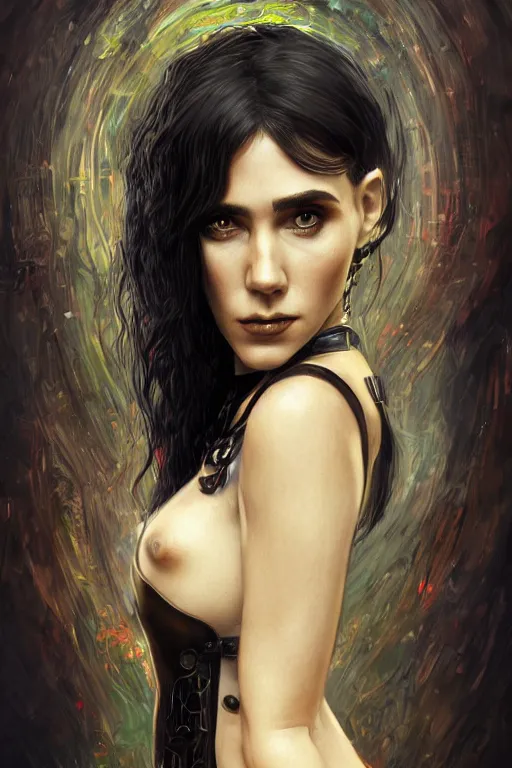 Image similar to portrait of young beautiful gothic Jennifer Connelly, cyberpunk, Warhammer, highly detailed, artstation, illustration, art by Gustav Klimt