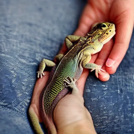 Prompt: small lizard sitting on a human hand