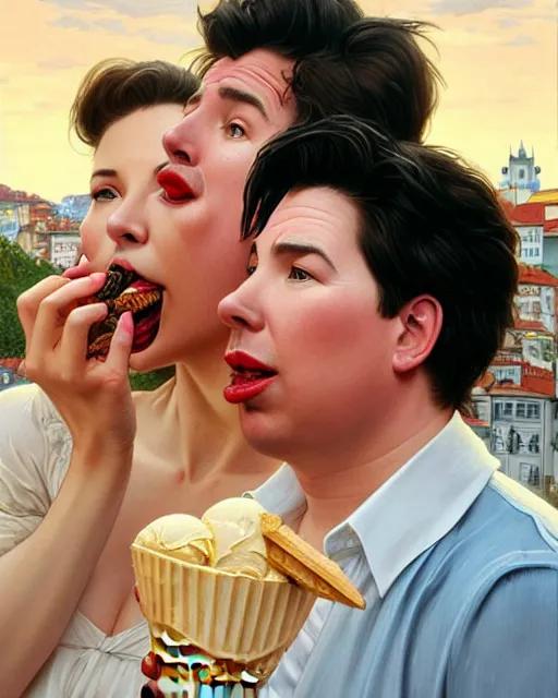 Image similar to Portrait of Michael Mcintyre & blonde actress with big lips eating ice creams in Porto,real life skin, intricate, elegant, highly detailed, artstation, concept art, smooth, sharp focus, art by artgerm and greg rutkowski and alphonse mucha