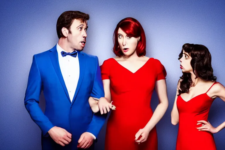 Image similar to full body film still of a man longingly looking at a woman in a red dress as a woman in a blue dress looks disgusted at the man in the new romance comedy movie, dramatic angle, dramatic lighting