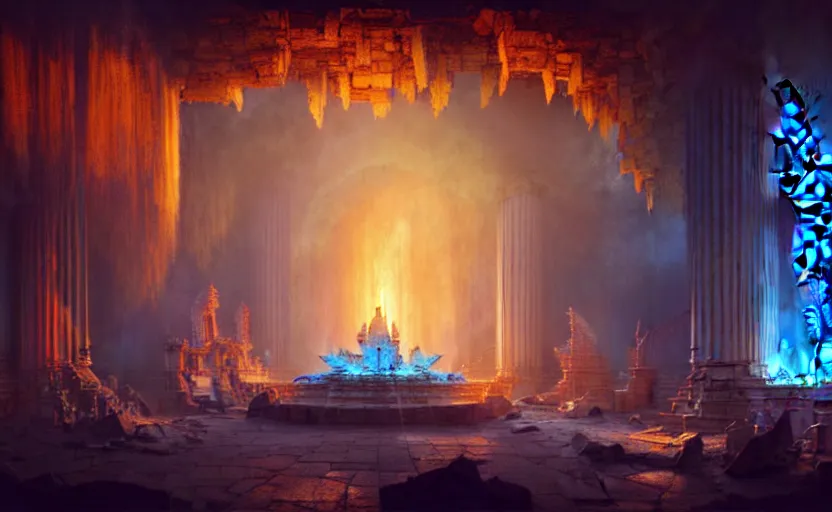 Image similar to The interior of an mytical and ancient temple dragons, in ruins, fire light, a ray of blue light, intricate, elegant, volumetric lighting, digital painting, highly detailed, artstation, sharp focus, illustration, concept art, ruan jia, steve mccurry